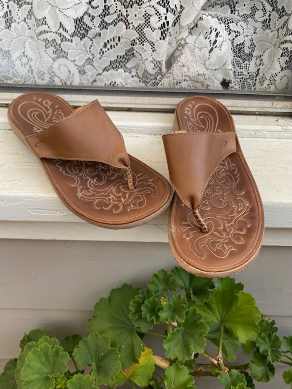 OluKai Brown Leather Toe-Post Sandals